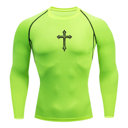Cross Print Compression Shirt for Men Christian Athletic Tshirt Tees Tops Gym Workout Running Baselayers Undershirts Rash Guard