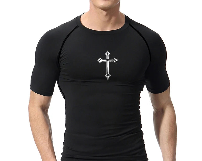Cross Print Compression Shirt for Men Christian Athletic Tshirt Tees Tops Gym Workout Running Baselayers Undershirts Rash Guard