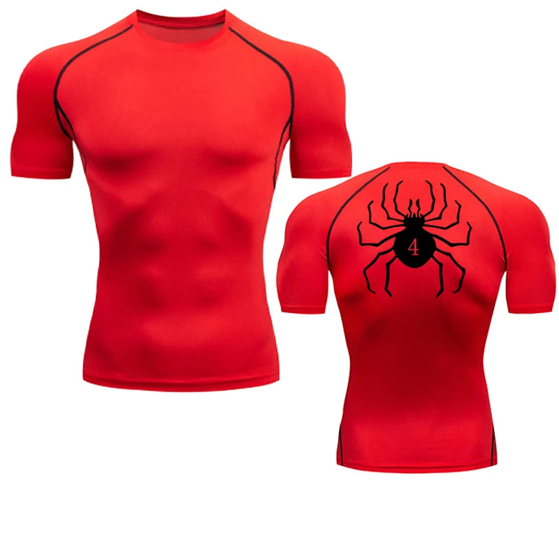 Spider Print Compression Shirts for Men Gym Workout Fitness Undershirts Short Sleeve Quick Dry Athletic T-Shirt Tops Sportswear