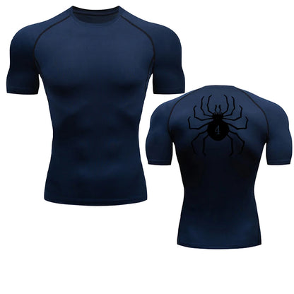 Spider Print Compression Shirts for Men Gym Workout Fitness Undershirts Short Sleeve Quick Dry Athletic T-Shirt Tops Sportswear